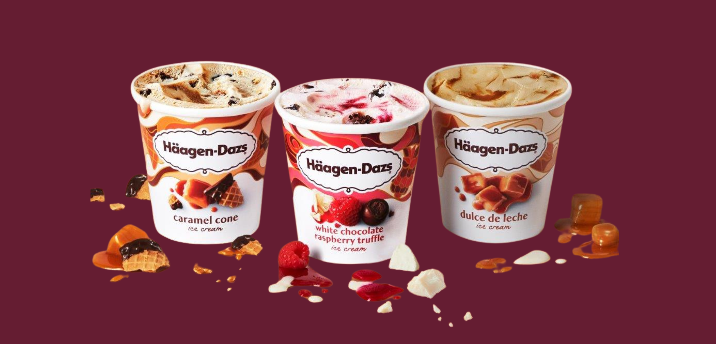 Promotional banner for Haagen-Dazs ice cream. Image features three 14 ounce containers, with the flavors of caramel cone, white chocolate raspberry truffle and dulce de leche. Promotional banner for Haagen-Dazs ice cream. Image features three 14 ounce containers, with the flavors of caramel cone, white chocolate raspberry truffle and dulce de leche.